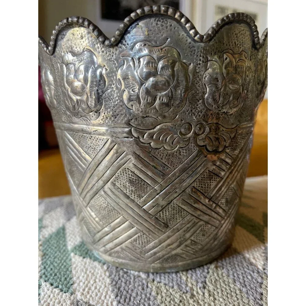 Vintage Indian 1960's Engraved Silverplate Jardiniere Planter Decorative Accent